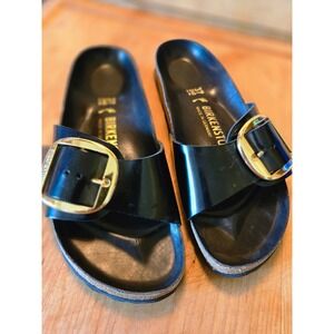 Birkenstock Madrid Big Buckle Black Leather Slide Sandals Gold Hardware EU 37